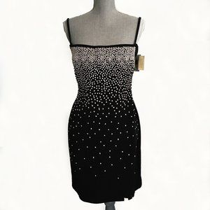 TADASHI Black Stretch Mini Dress Sz S Open Back White Glittery Beads Rhinestones